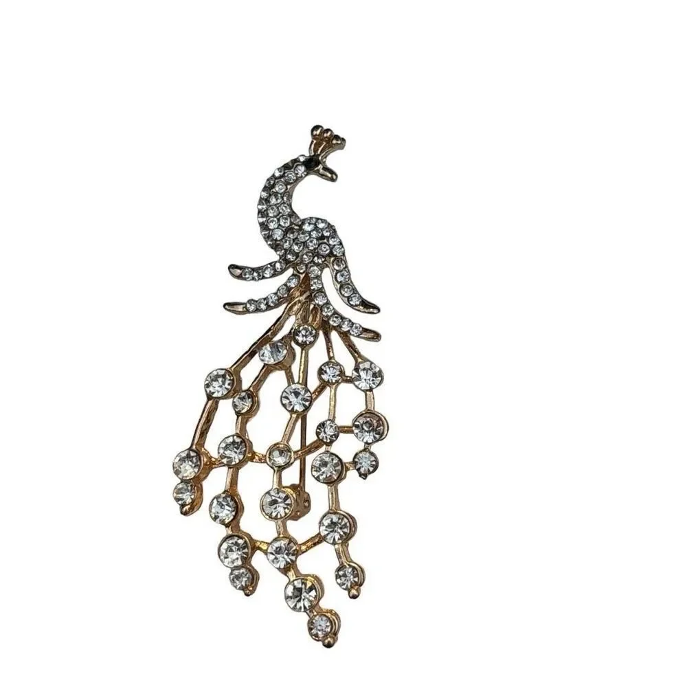 Vintage Rhinestone Peacock Brooch Gold Tone Dangle Tail